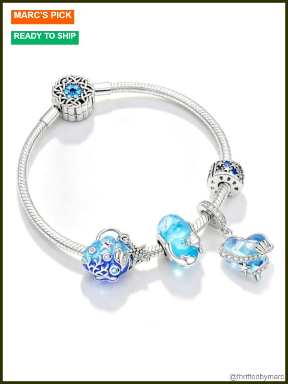925 Sterling Silver Ocean Charm Set with Snake Chain Bracelet - 4pcs